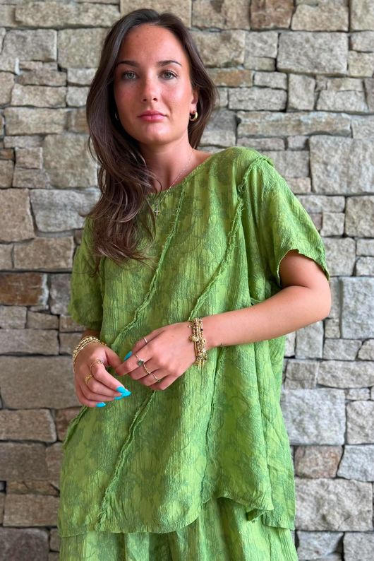 Lalli Damask Asymmetric Panel Top Olive